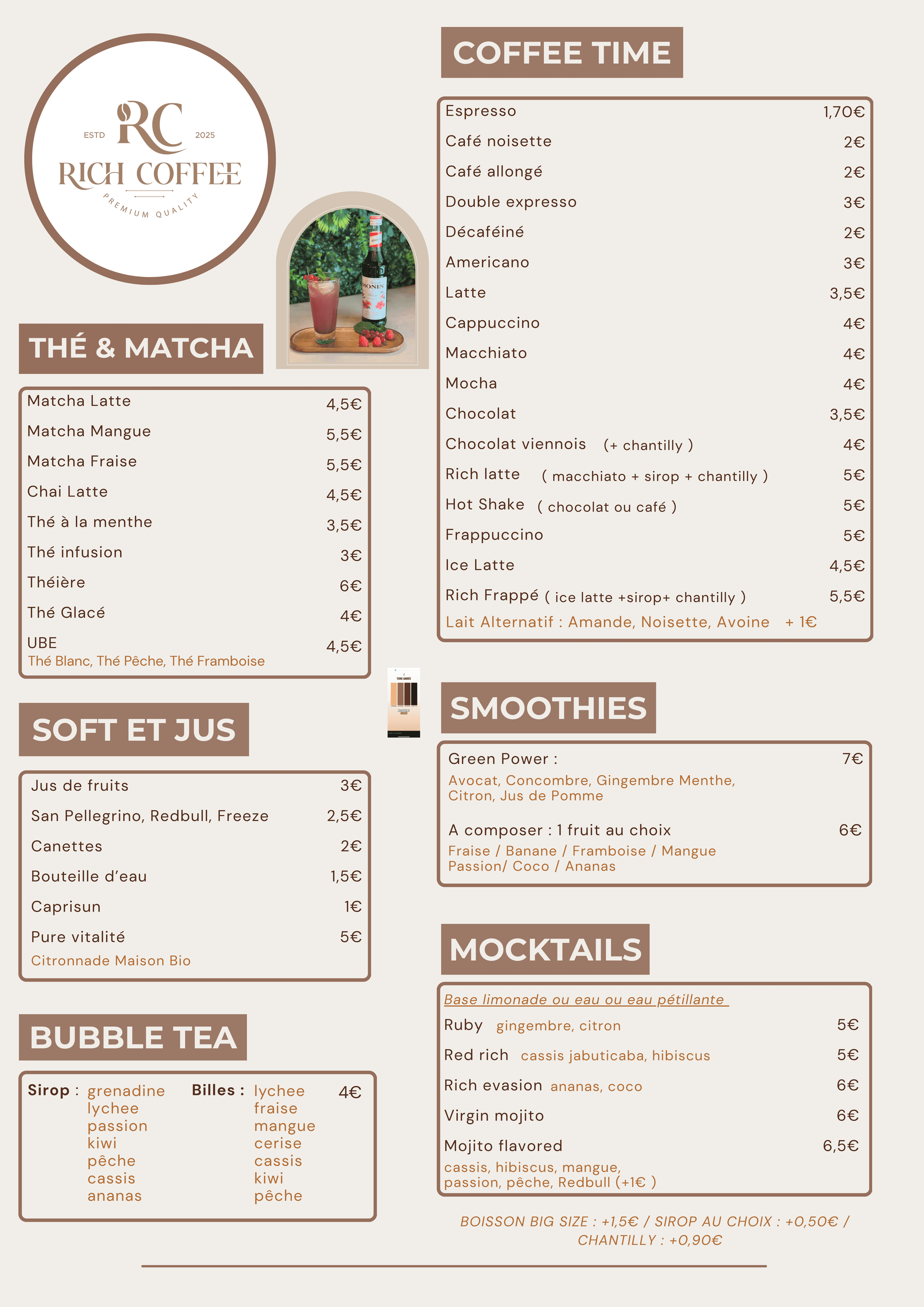 Menu Rich Coffee - Page 1 avec cafés, thés et boissons chaudes