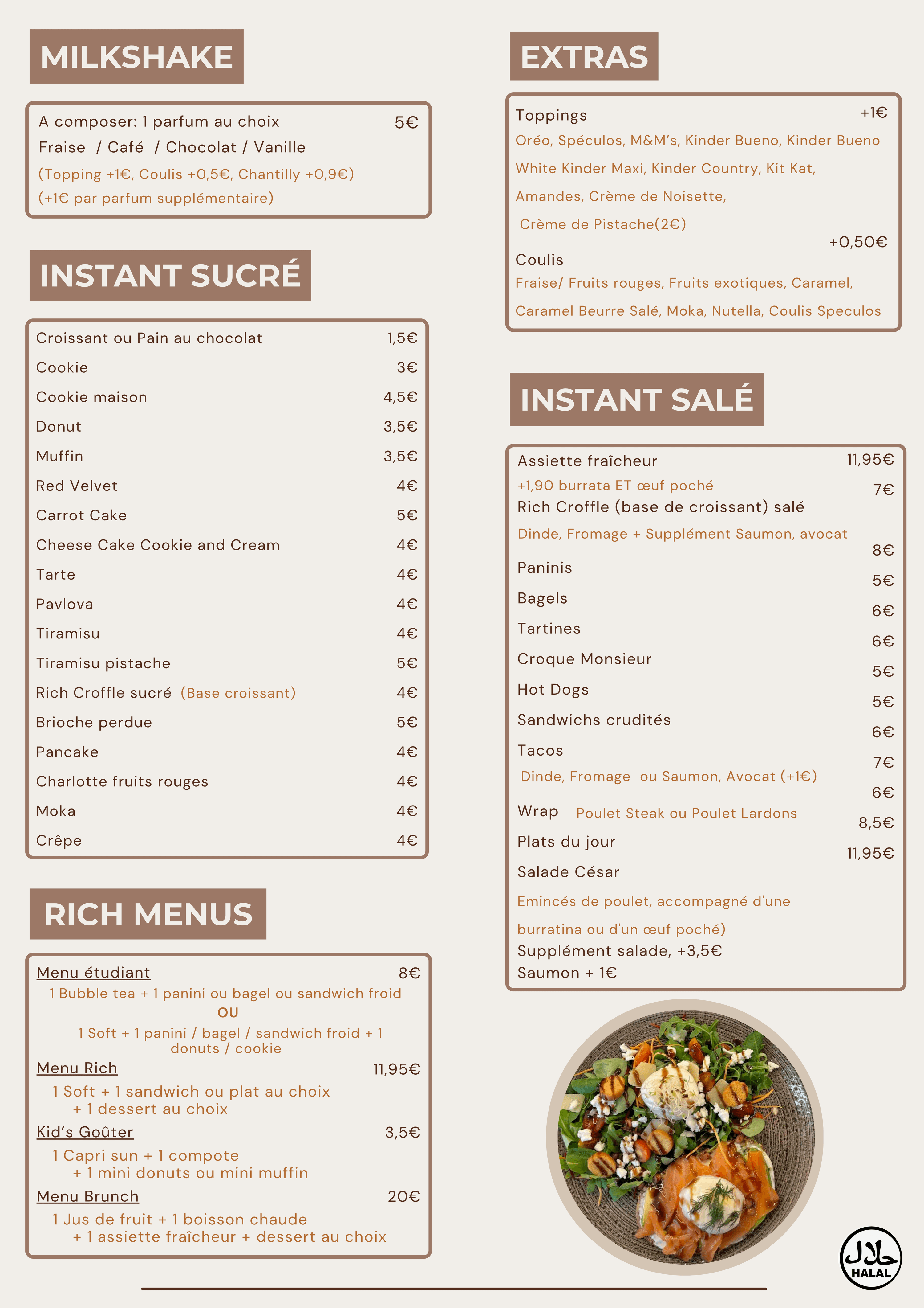 Menu Rich Coffee - Page 2 avec mocktails, pâtisseries et options salées